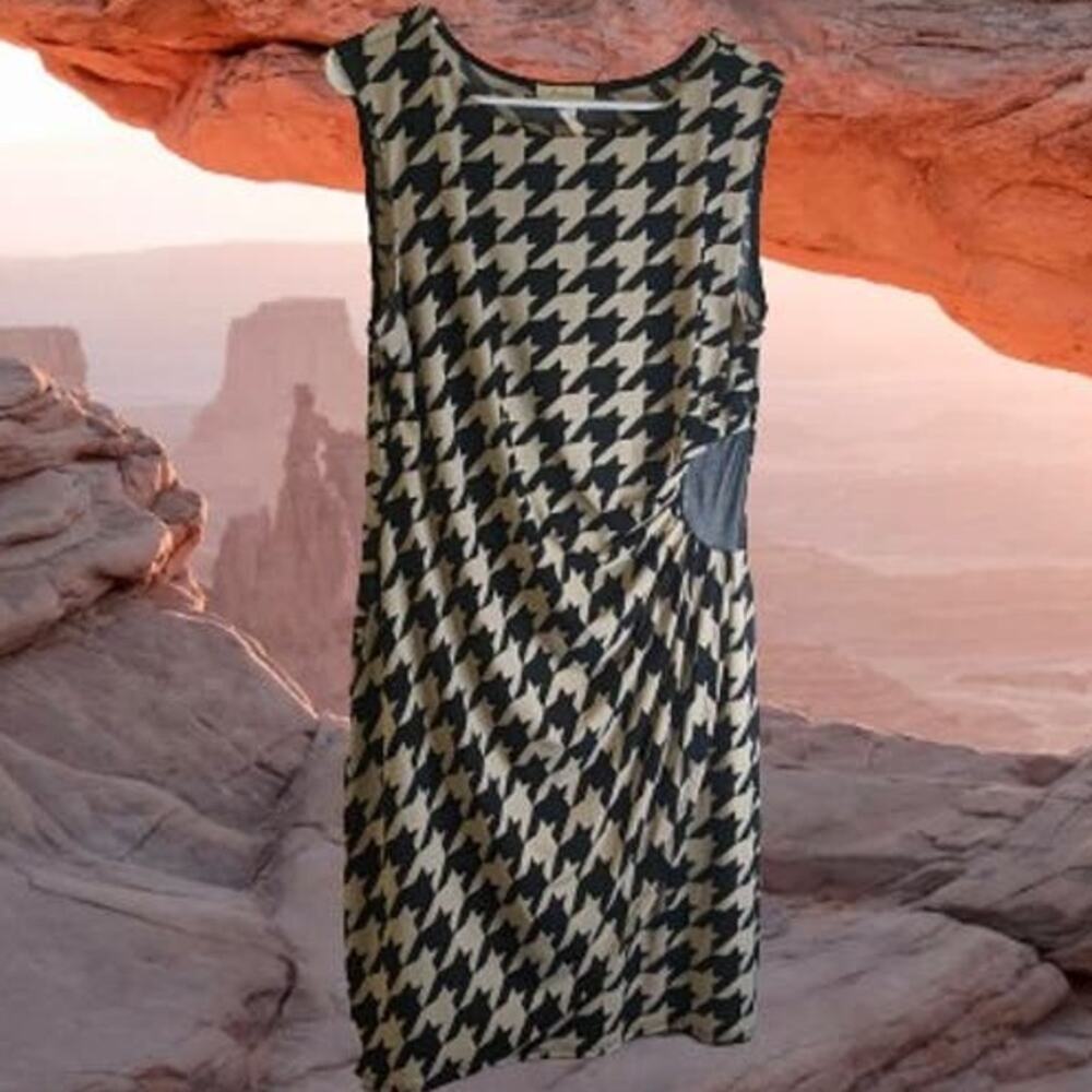 Prelude Lg Sleeveless faux wrap black tan polyester blend stretch woman's dress